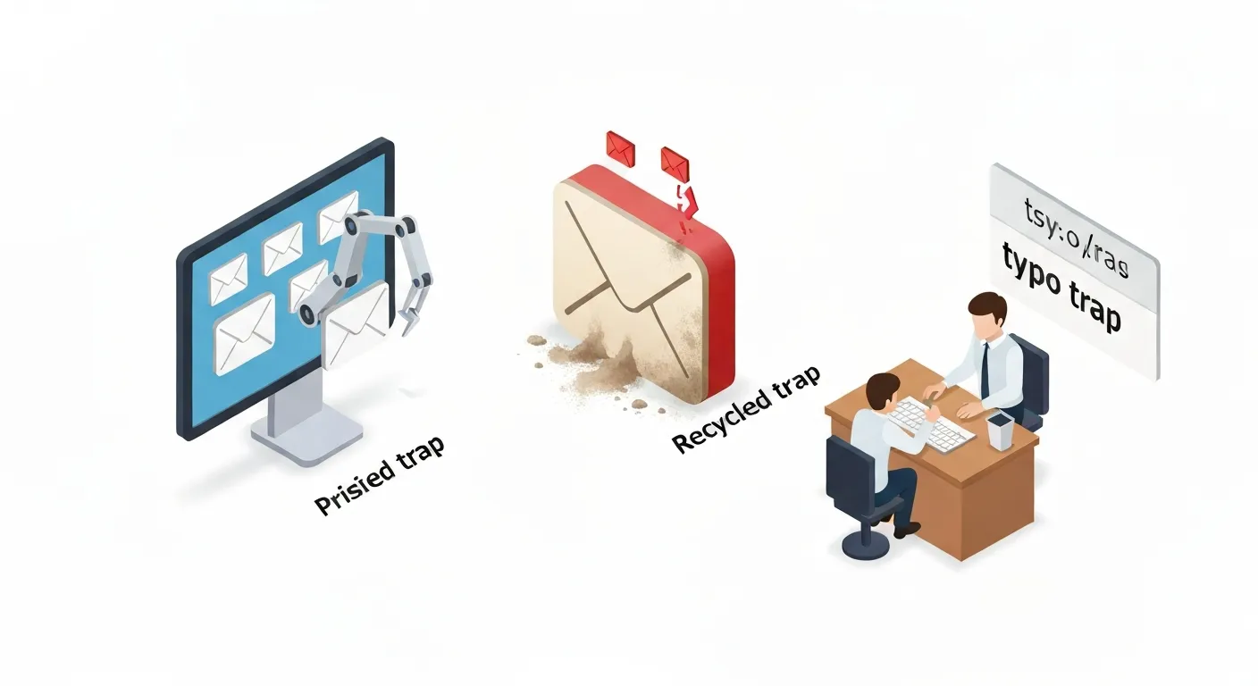 Izometryczna infografika przedstawiająca trzy rodzaje pułapek spamowych. Jedna ścieżka ukazuje robota zbierającego adresy e-mail ze strony internetowej (pułapka czysta). Druga pokazuje stary, zakurzony adres e-mail, który jest reaktywowany jako pułapka (pułapka z recyklingu). Trzecia pokazuje osobę wpisującą adres z literówką w domenie, np. 'gnail.com' (pułapka z literówką).