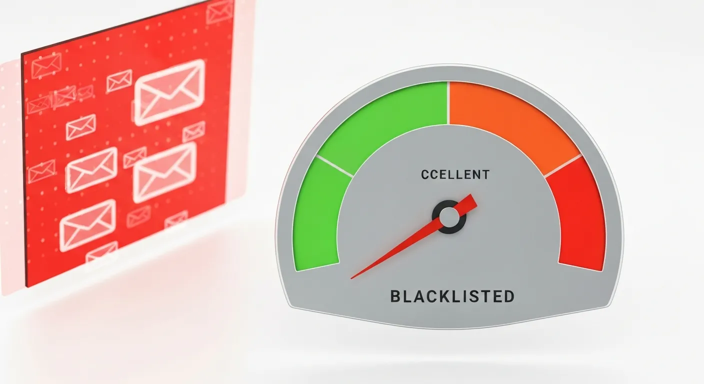 Wizualizacja danych pokazująca drastyczny spadek reputacji nadawcy e-mail. Centralnym elementem jest duży, cyfrowy wskaźnik z napisem 'Reputacja Nadawcy', którego wskazówka gwałtownie spada z zielonej strefy 'Doskonała' do czerwonej 'Na czarnej liście'. W tle widać, jak wysyłane e-maile odbijają się od czerwonego, cyfrowego muru ognia (firewall).