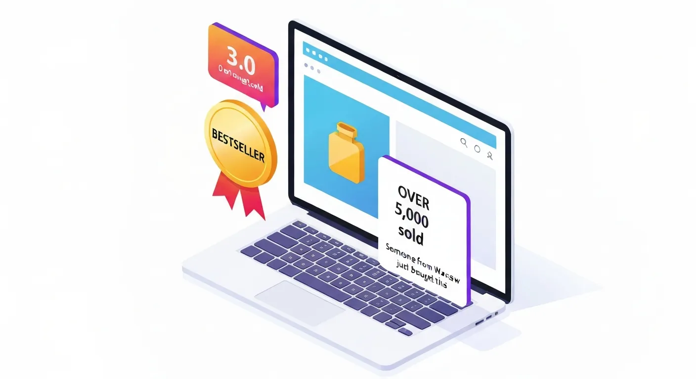 An isometric illustration of an e-commerce product page highlighting different types of 'wisdom of the crowd' social proof elements, such as a bestseller badge and real-time purchase notifications.