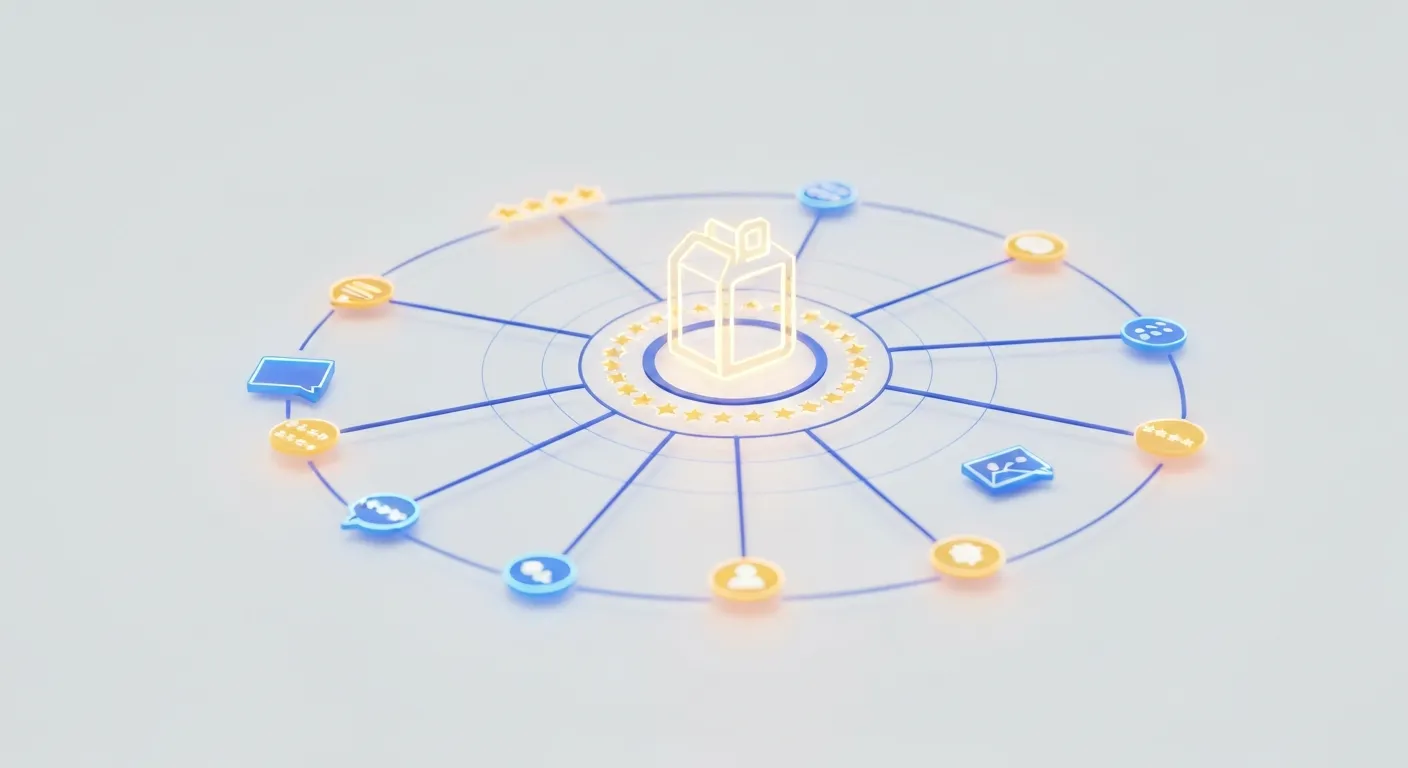 An abstract visualization of customer reviews, showing a central product connected to a network of star ratings, text reviews, and user photos, symbolizing community trust.