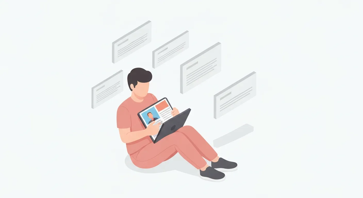 An isometric illustration showing a user happily engaged with an article on a tablet, while distracting banner ads in the background are faded and ignored, representing the concept of overcoming 'banner blindness' with native advertising.