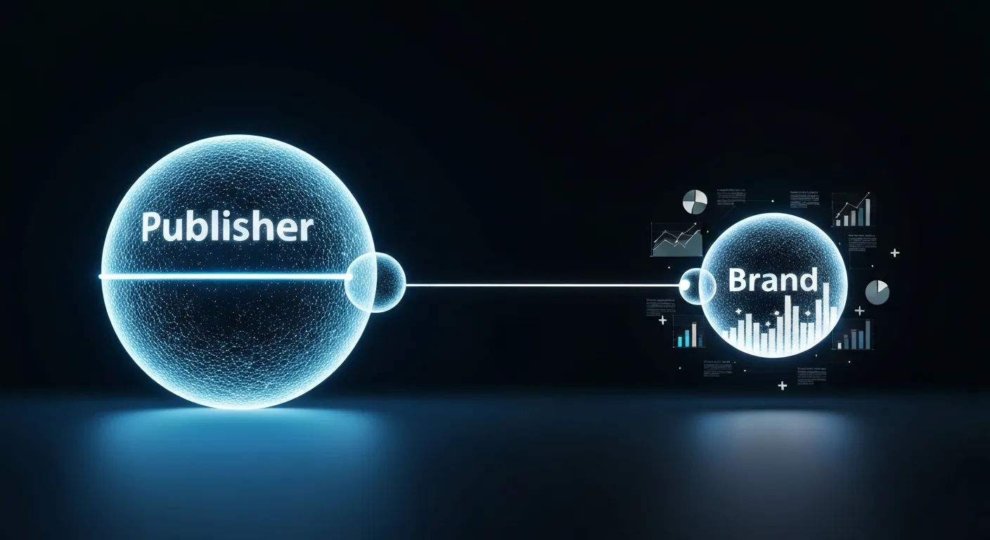 An abstract visualization of a brand's credibility growing through a partnership. A central, trusted publisher icon transfers a glowing light of authority to a smaller brand icon, causing it to grow and gain the trust of a surrounding audience network.