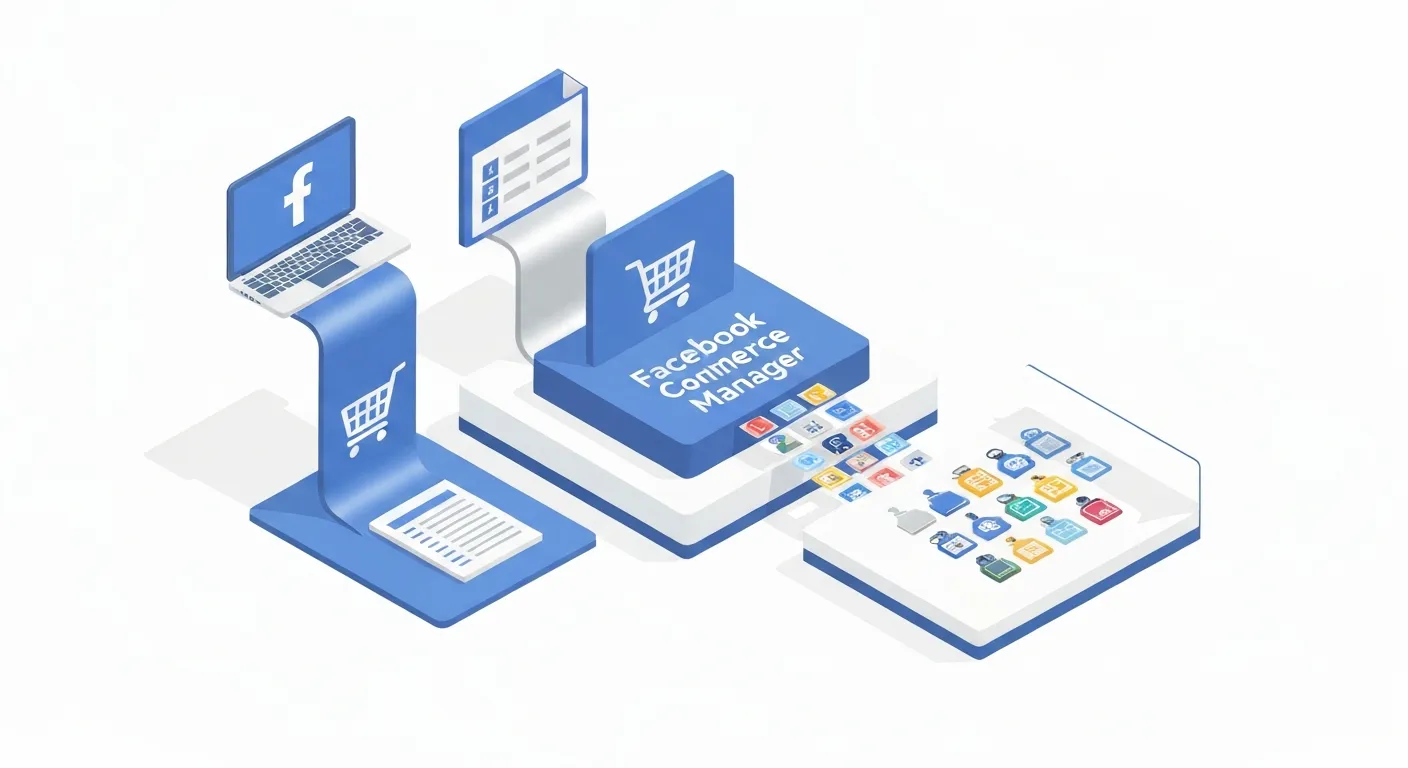 An isometric illustration showing a central hub labeled 'Commerce Manager'. Data lines connect to this hub from three sources: a person at a laptop (manual entry), a spreadsheet icon (data feed), and an e-commerce platform logo. From the central hub, another data line flows into a neatly organized digital storefront, illustrating the process of building a product catalog for an f-commerce shop.