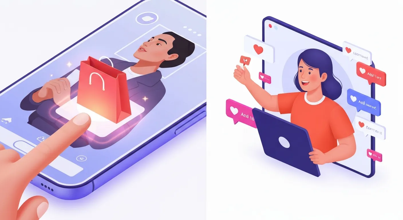 A dynamic illustration depicting modern f-commerce sales strategies. On the left, a smartphone shows a social media post with a person wearing a jacket, and a glowing product tag is being tapped. On the right, a charismatic person is hosting a Facebook Live Shopping event on a tablet, showcasing a product to an engaged audience, with animated 'add to cart' icons appearing on screen.