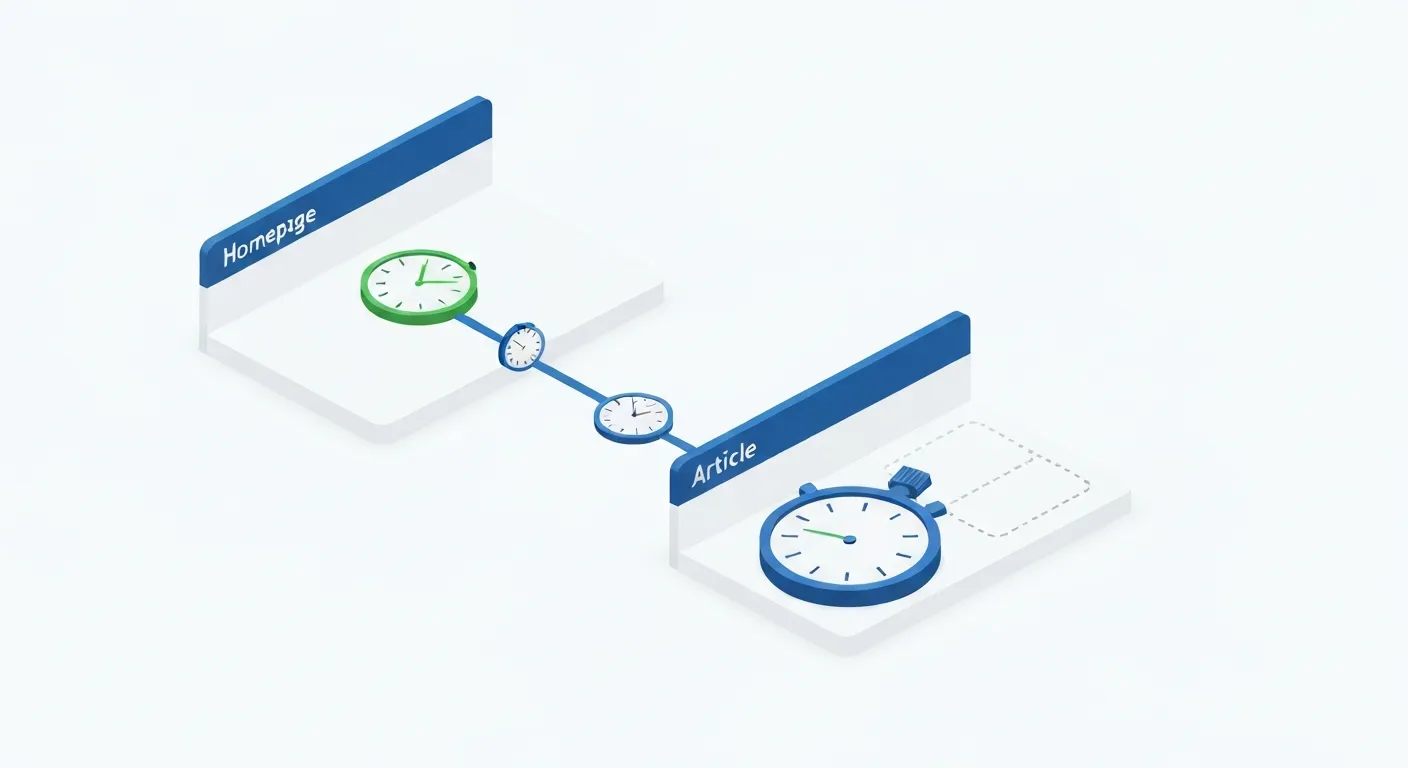 Wizualizacja sposobu obliczania czasu sesji w Google Analytics, gdzie stoper zatrzymuje się po przejściu na drugą stronę, ilustrując, że czas na ostatniej stronie nie jest mierzony.