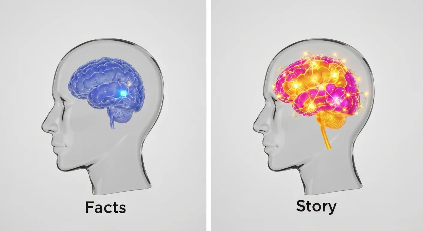 Abstrakcyjna wizualizacja pokazująca, jak historia aktywuje wiele obszarów w ludzkim mózgu, w przeciwieństwie do suchych faktów, które aktywują tylko centra językowe.