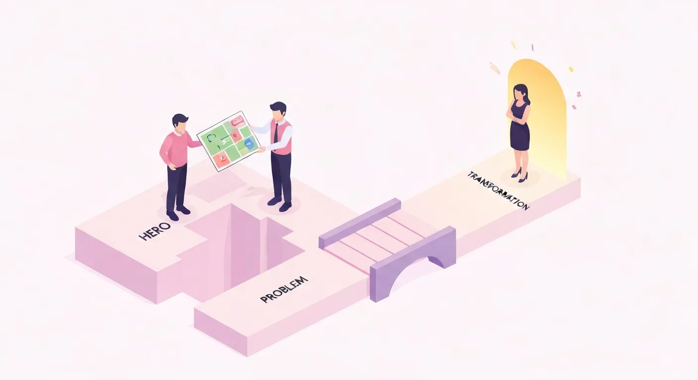 Ilustracja izometryczna przedstawiająca podróż klienta (bohatera), któremu marka (przewodnik) oferuje plan (produkt), aby pokonać problem i osiągnąć transformację.