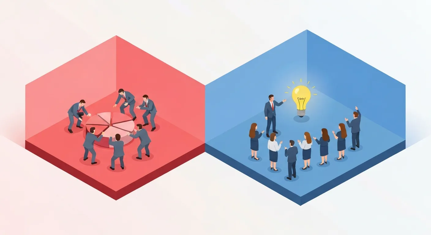 An isometric business illustration contrasting Red Ocean vs. Blue Ocean strategies. On the left, a small, crowded red block shows multiple generic business figures fighting with swords over a pile of coins. On the right, a large, spacious blue block shows a single innovative business figure presenting a unique new product to a happy, untapped group of customers.