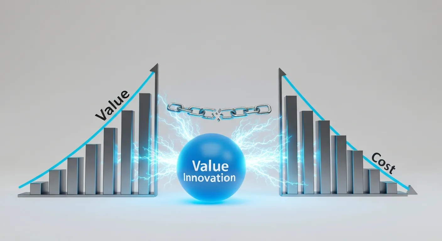 An abstract visualization of 'Value Innovation'. A central, glowing blue gear labeled 'INNOVATION' simultaneously pushes a bar graph for 'CUSTOMER VALUE' upwards and pulls a bar graph for 'COSTS' downwards, breaking a chain between them. This represents achieving both differentiation and low cost.