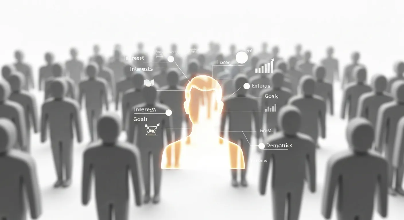 Ilustracja procesu tworzenia buyer persony. W centrum znajduje się szczegółowy, podświetlony awatar idealnego klienta z etykietami opisującymi jego cechy i potrzeby. W tle widać rozmyte, anonimowe sylwetki, co pokazuje skupienie na konkretnej grupie docelowej.