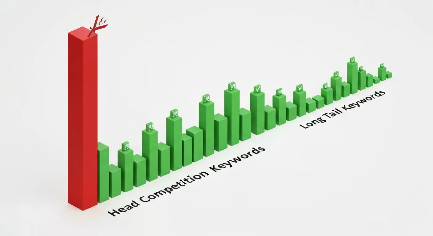 Wykres 3D ilustrujący koncepcję długiego ogona. Wysoki, czerwony słupek po lewej stronie symbolizuje ogólne frazy kluczowe o dużej konkurencji. Po prawej znajduje się długi szereg niskich, zielonych słupków, które łącznie mają większą objętość, symbolizując frazy niszowe o wysokim potencjale konwersji.