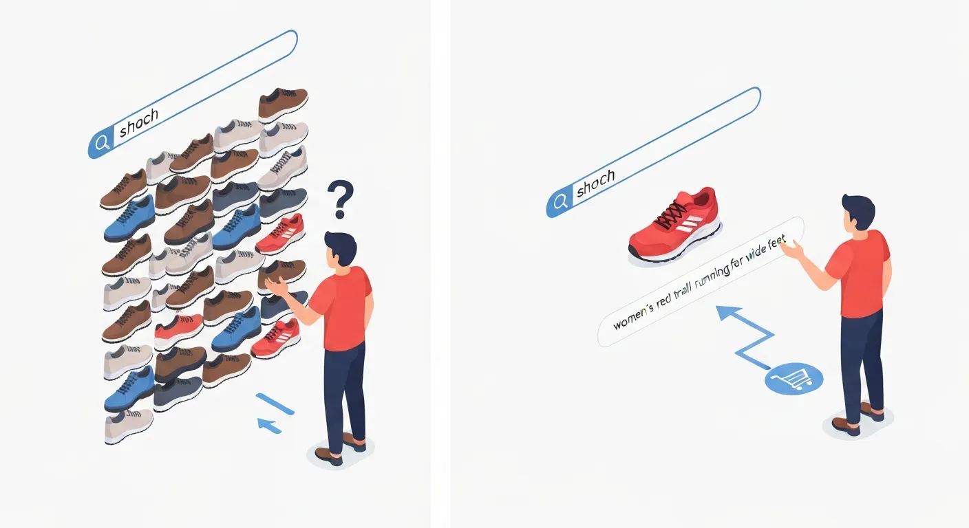 Ilustracja porównująca intencje użytkownika. Po lewej stronie osoba wpisująca ogólne hasło jest zdezorientowana mnogością wyników. Po prawej stronie osoba wpisująca precyzyjne, długie zapytanie znajduje dokładnie to, czego szuka, co prowadzi do zakupu.
