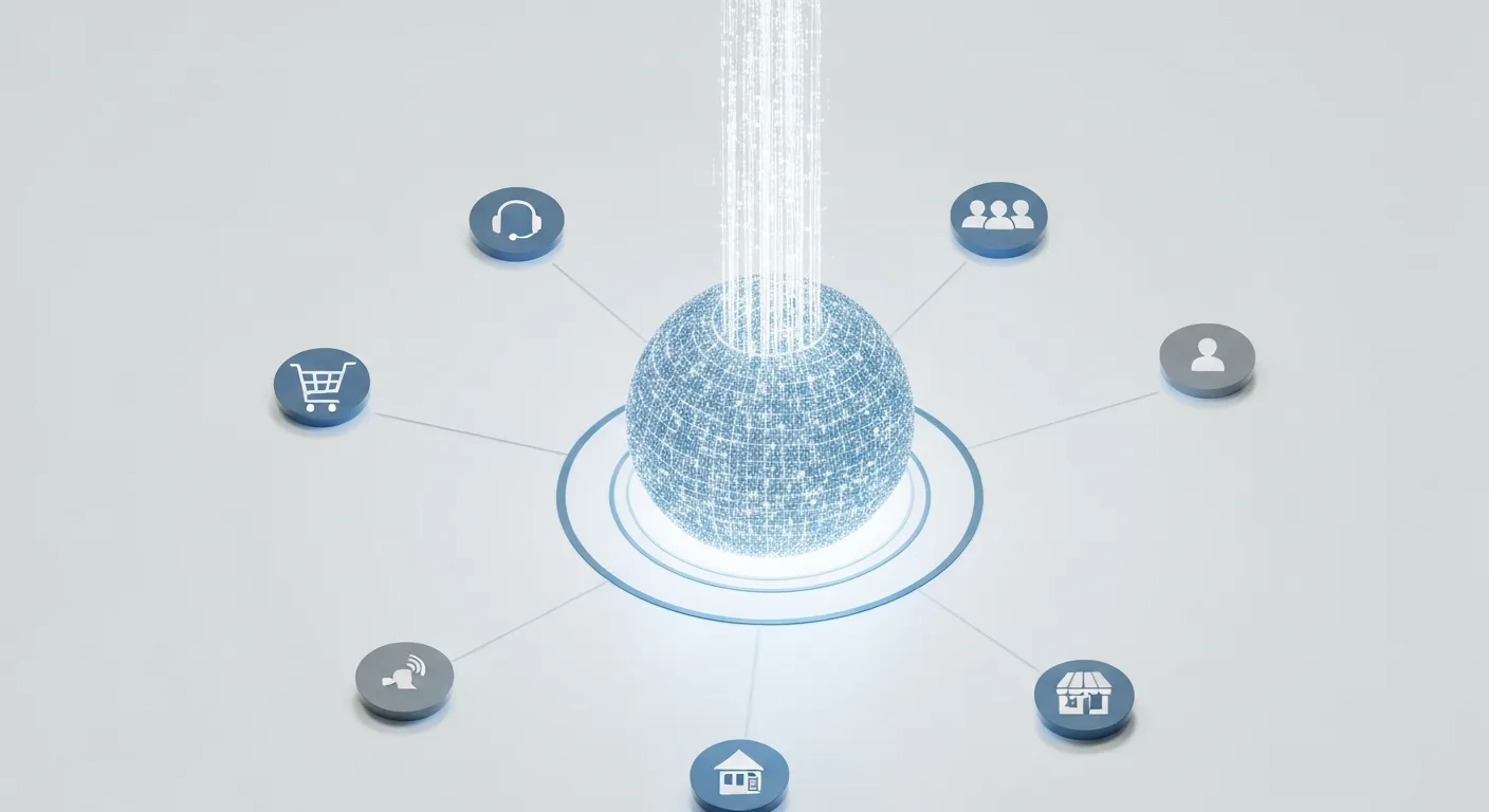 An abstract visualization of a central, glowing customer profile icon. Lines radiate outwards, connecting to smaller icons representing different data sources: a shopping cart for transactions, a heart for social media, and a store icon for in-person visits. This illustrates the Single Customer View concept in an omnichannel strategy.