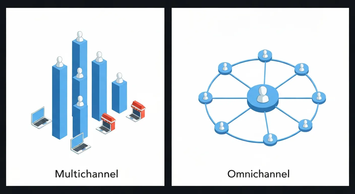 A split-screen diagram comparing two business models. On the left, 'Multichannel' shows separate, disconnected channels in vertical silos. On the right, 'Omnichannel' shows a web of interconnected channels (website, mobile app, physical store) all seamlessly linked to a single customer in the center.