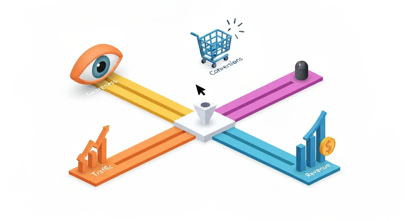 Ilustracja izometryczna pokazująca cztery różne ścieżki prowadzące do celów biznesowych w marketingu. Każda ścieżka kończy się inną ikoną: oko (świadomość), kursor myszy (ruch na stronie), koszyk na zakupy (konwersje) i wykres słupkowy z symbolem waluty (przychód), co wizualizuje wybór strategii w oparciu o cel.