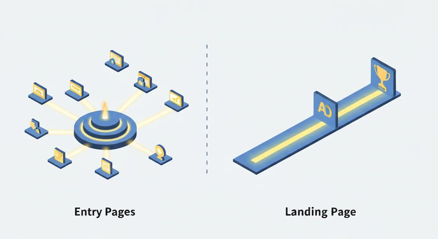 Grafika porównawcza w stylu izometrycznym, która ilustruje różnicę między wieloma stronami wejściowymi a jedną, skoncentrowaną stroną docelową (landing page). Po lewej stronie widać sieć połączonych ścieżek, a po prawej jedną prostą linię prowadzącą do konkretnego celu.
