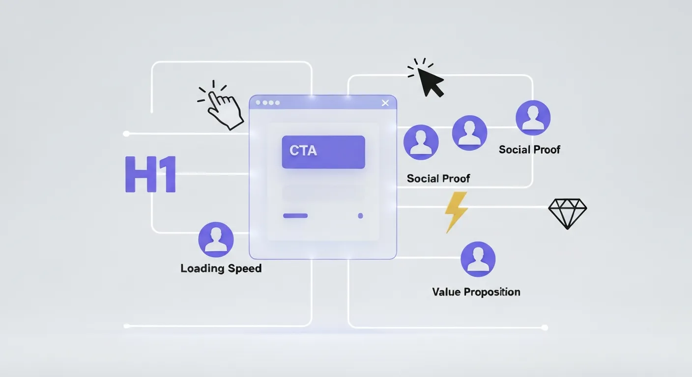 Abstrakcyjna wizualizacja przedstawiająca kluczowe elementy skutecznej strony wejściowej. Centralny element, symbolizujący stronę, jest otoczony przez lewitujące ikony reprezentujące nagłówek H1, wezwanie do działania (CTA), dowód społeczny i szybkość ładowania, połączone w spójny system.