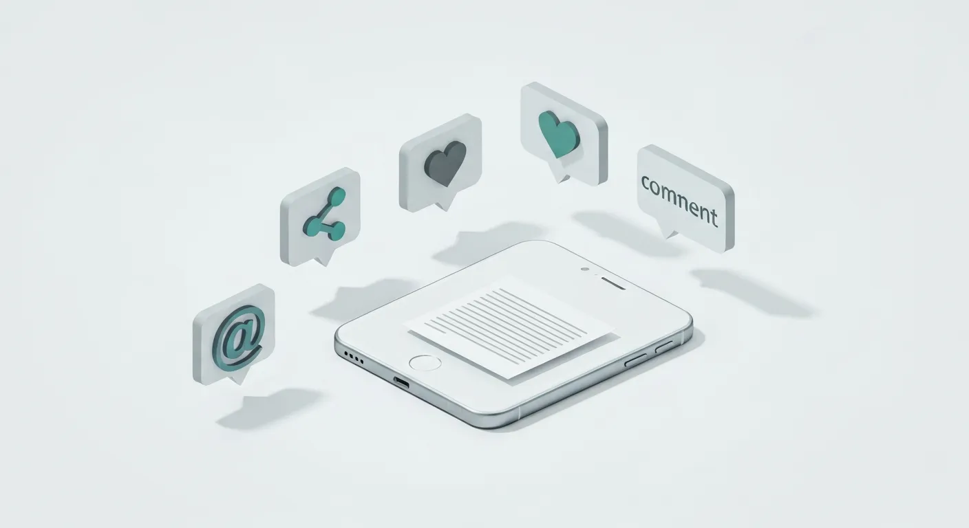 An isometric 3D illustration breaking down the different types of social signals. In the center is a stylized smartphone displaying a blog post. Orbiting around it are distinct 3D icons: a paper plane for 'shares', a heart for 'likes', a speech bubble for 'comments', and a magnifying glass over a brand name for 'brand mentions', all on a clean white background.