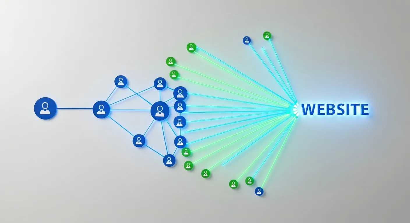 An abstract data visualization chart showing the indirect SEO benefit of social media. A single post icon on the left triggers an expanding network of user icons (shares). From this network, several strong, glowing lines emerge and connect to a website icon, representing the creation of valuable backlinks.