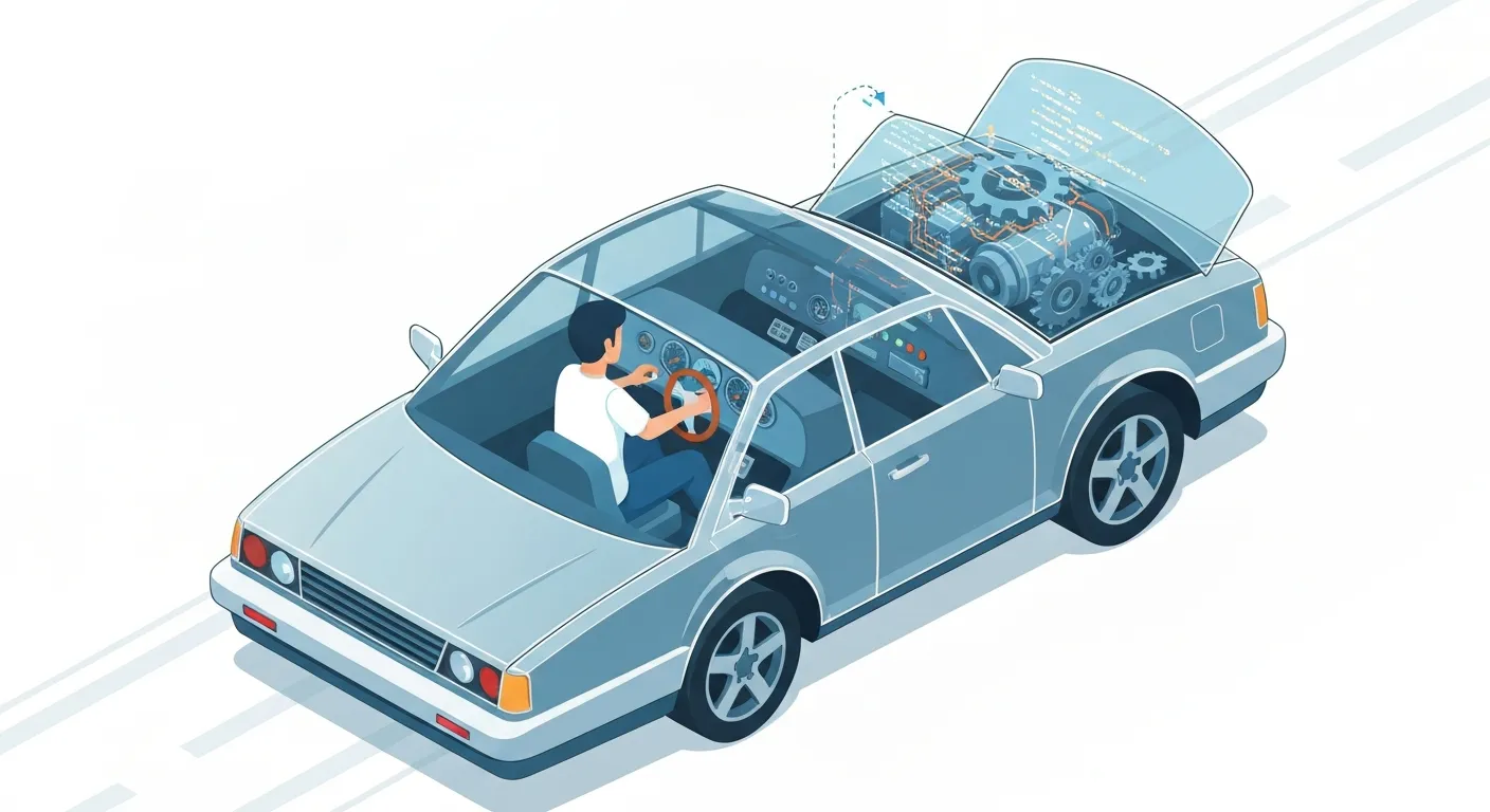 Ilustracja przedstawiająca analogię systemu CMS do deski rozdzielczej samochodu. Użytkownik siedzi za kierownicą, a przez przednią szybę widać interfejs strony internetowej. Pod maską samochodu znajduje się skomplikowany silnik symbolizujący kod HTML i CSS.