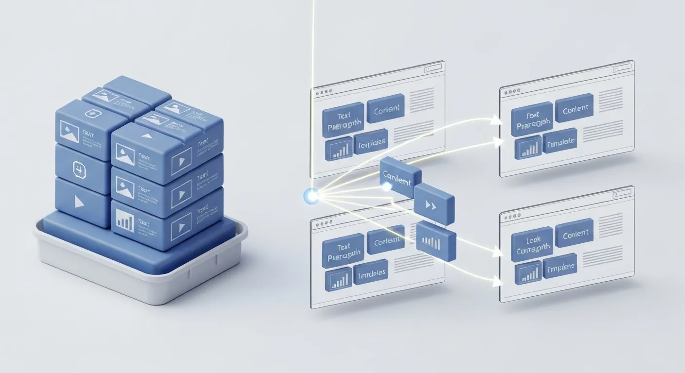 Wizualizacja separacji treści od prezentacji w systemie CMS. Po lewej stronie znajdują się bloki z treścią (tekst, obrazy, wideo), a po prawej stronie kilka różnych szablonów graficznych strony. Strzałki pokazują, że te same treści można łatwo zastosować do dowolnego szablonu.