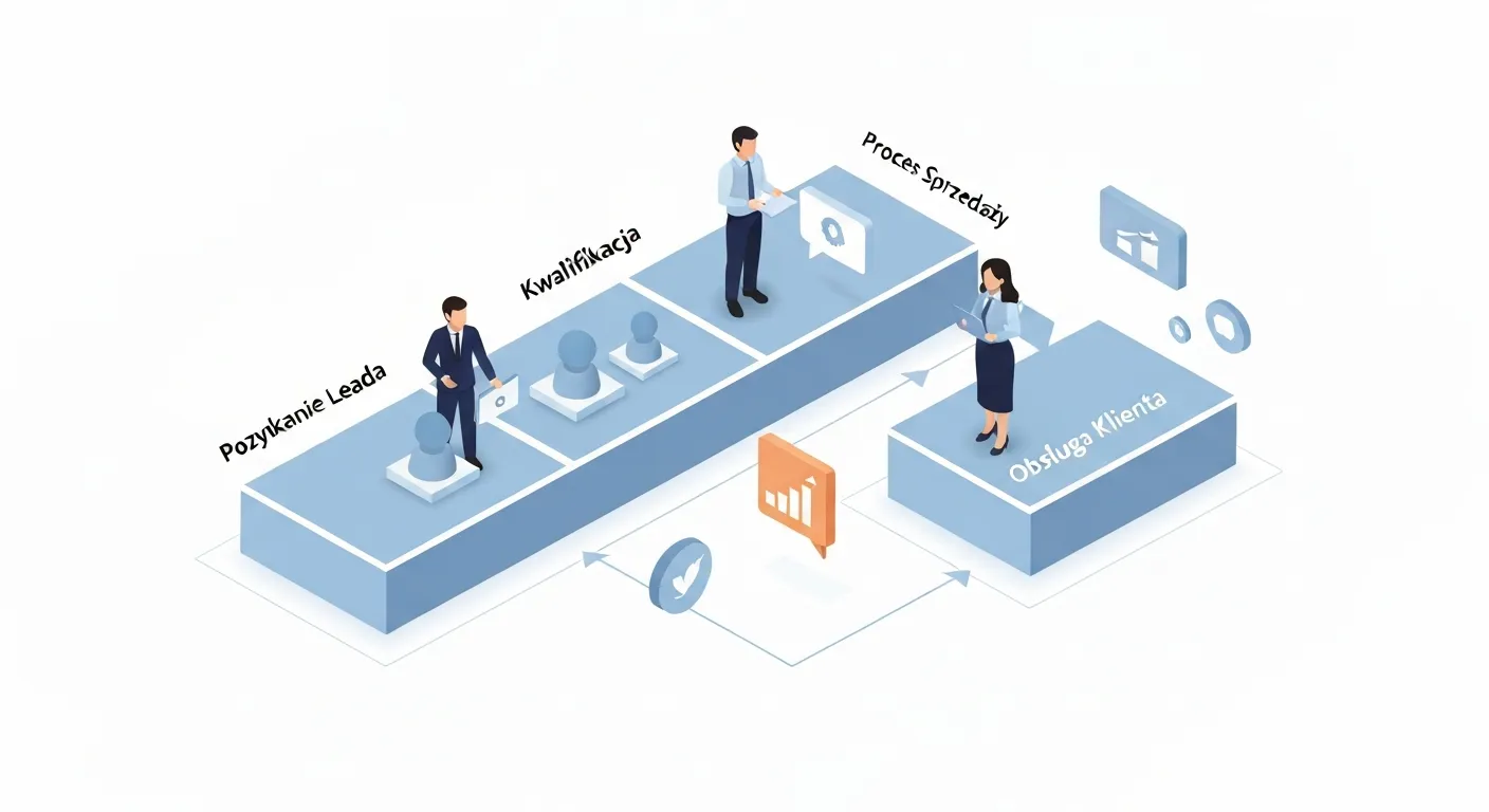Ilustracja izometryczna przedstawiająca wizualny lejek sprzedażowy w systemie CRM. Pokazuje kolejne etapy podróży klienta, od pozyskania leada (Marketing), przez kontakt z handlowcem (Sprzedaż), aż po finalizację transakcji i obsługę posprzedażową (Wsparcie).