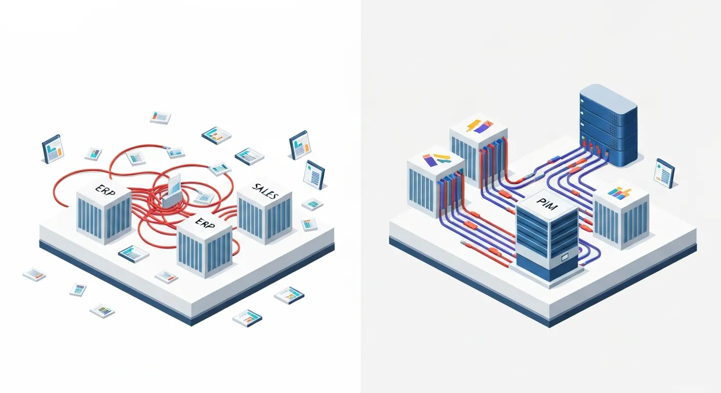 Ilustracja izometryczna pokazująca chaos rozproszonych danych produktowych w silosach w porównaniu do uporządkowanego przepływu informacji do centralnego systemu PIM.