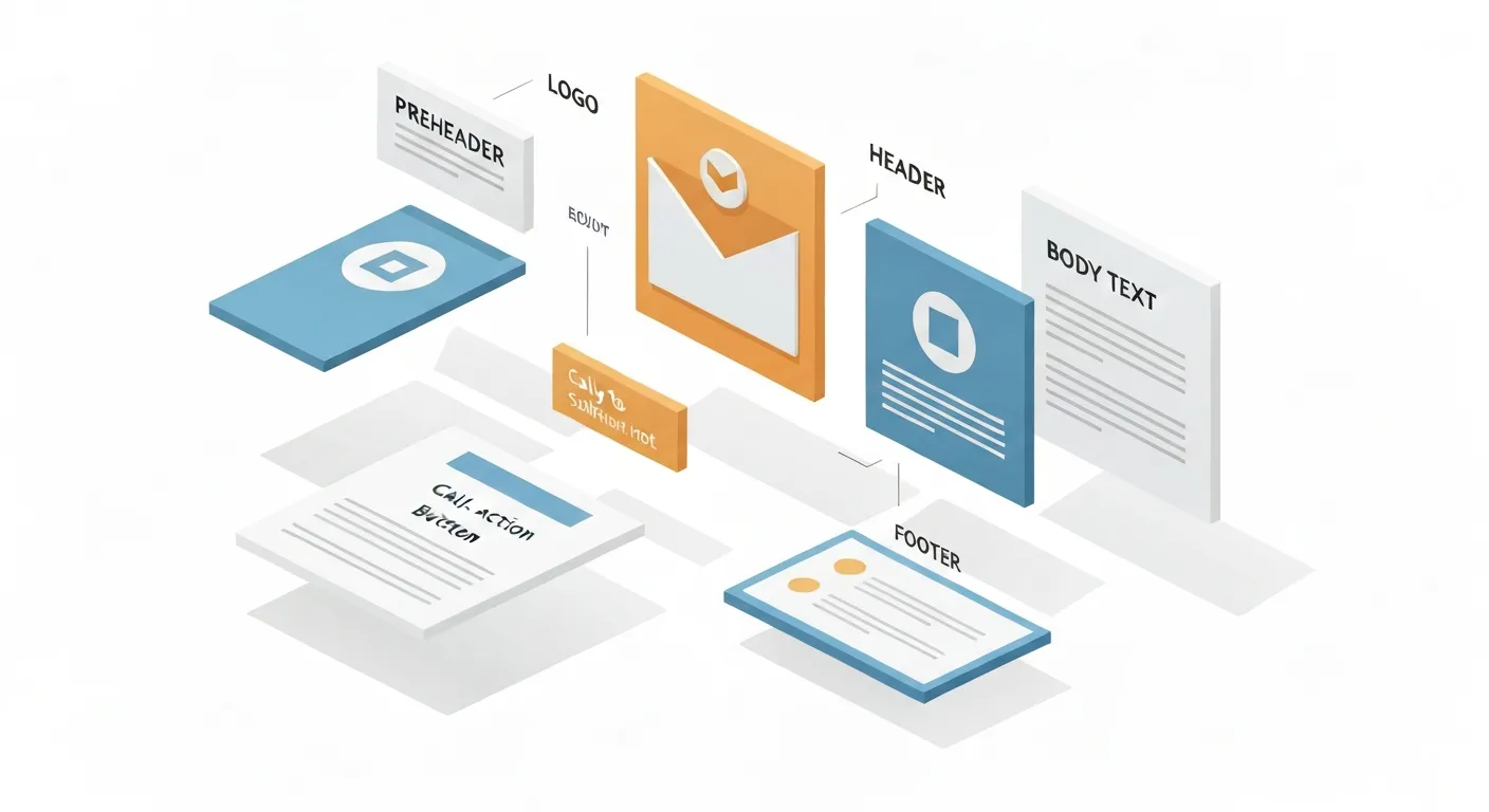 Izometryczna ilustracja przedstawiająca anatomię skutecznego szablonu email, z rozdzielonymi na osobne bloki kluczowymi elementami: nagłówkiem, treścią, przyciskiem CTA i stopką.