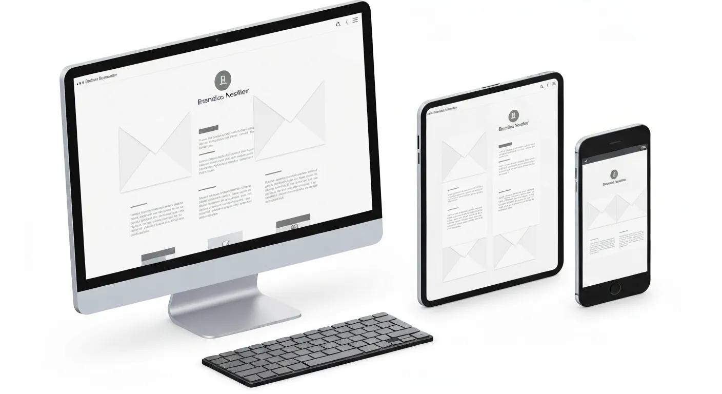 Ten sam szablon email idealnie dopasowany i wyświetlony na ekranach komputera, tabletu i smartfona, co ilustruje kluczową zasadę responsywności w projektowaniu emaili.