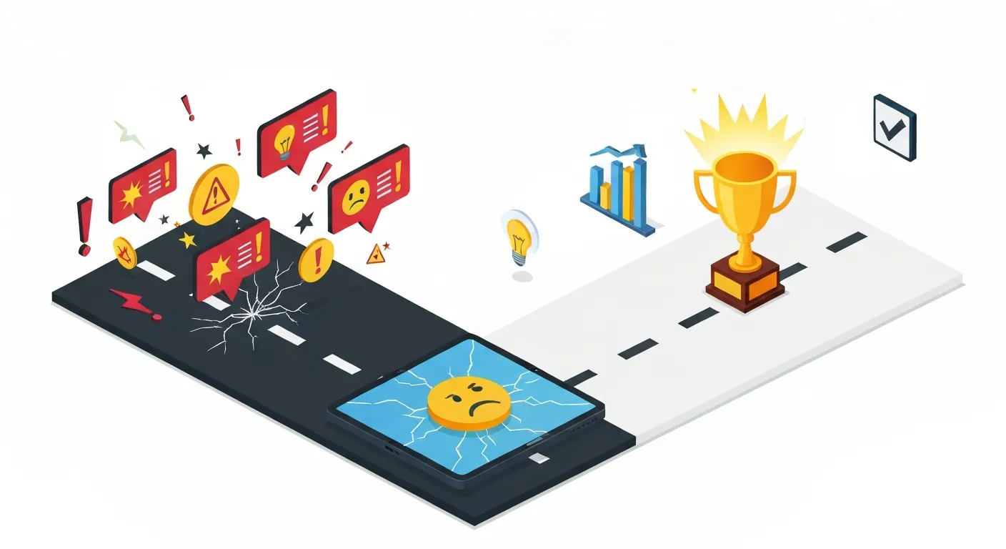 An isometric illustration contrasting the results of bad clickbait versus ethical headlines. One path is dark and leads to user frustration (a broken screen), while the other path is bright and leads to value and trust (a trophy).