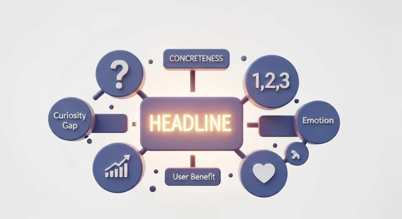 An abstract visualization of the components of a perfect headline. A central, glowing title is surrounded by icons representing key psychological elements: a question mark for curiosity, numbers, a heart for emotion, and a rising chart for benefits.