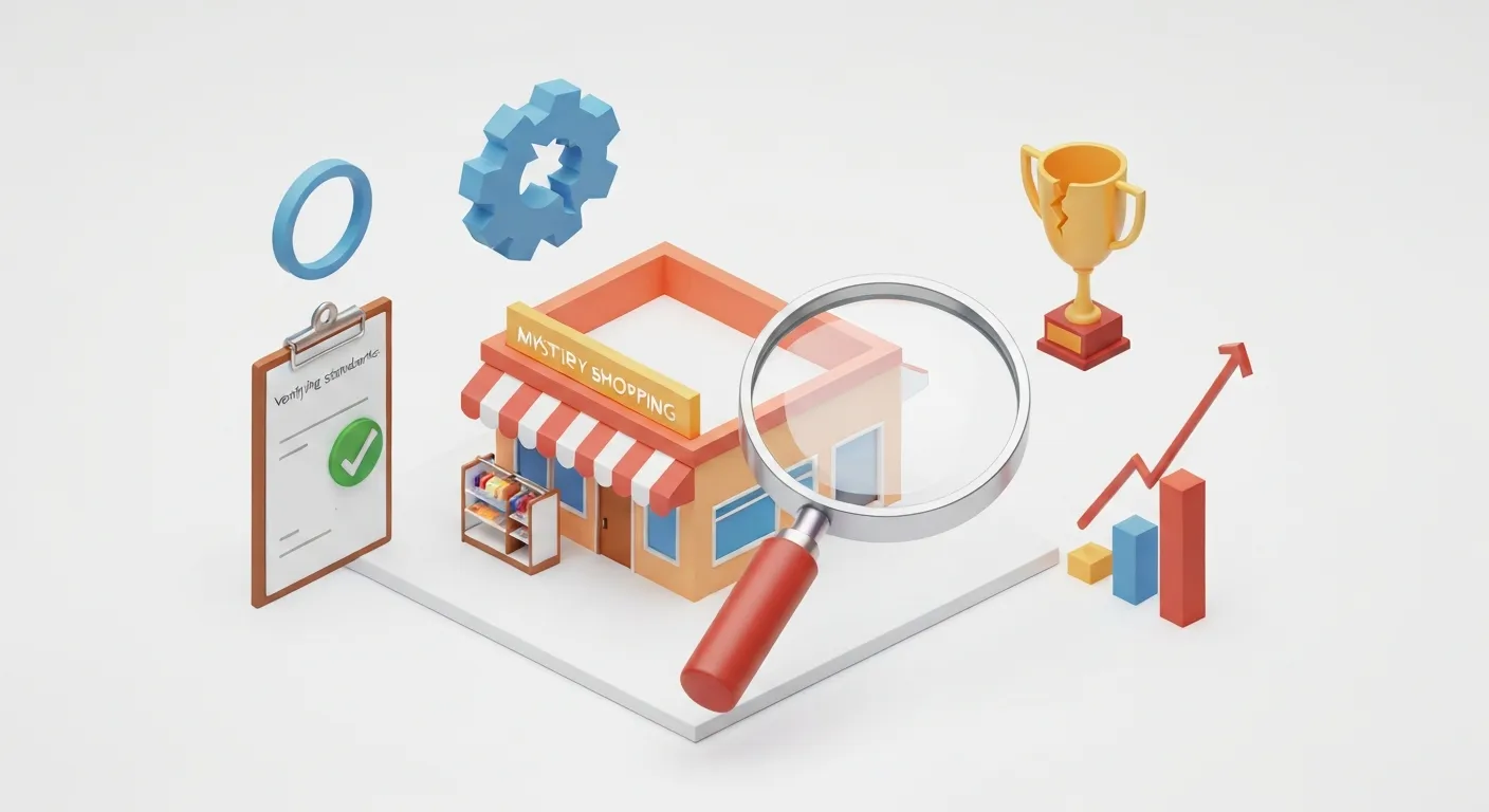 An isometric illustration showing the goals of mystery shopping. A central business building is being examined by a large magnifying glass, revealing icons for improving standards, finding weaknesses, and motivating employees.
