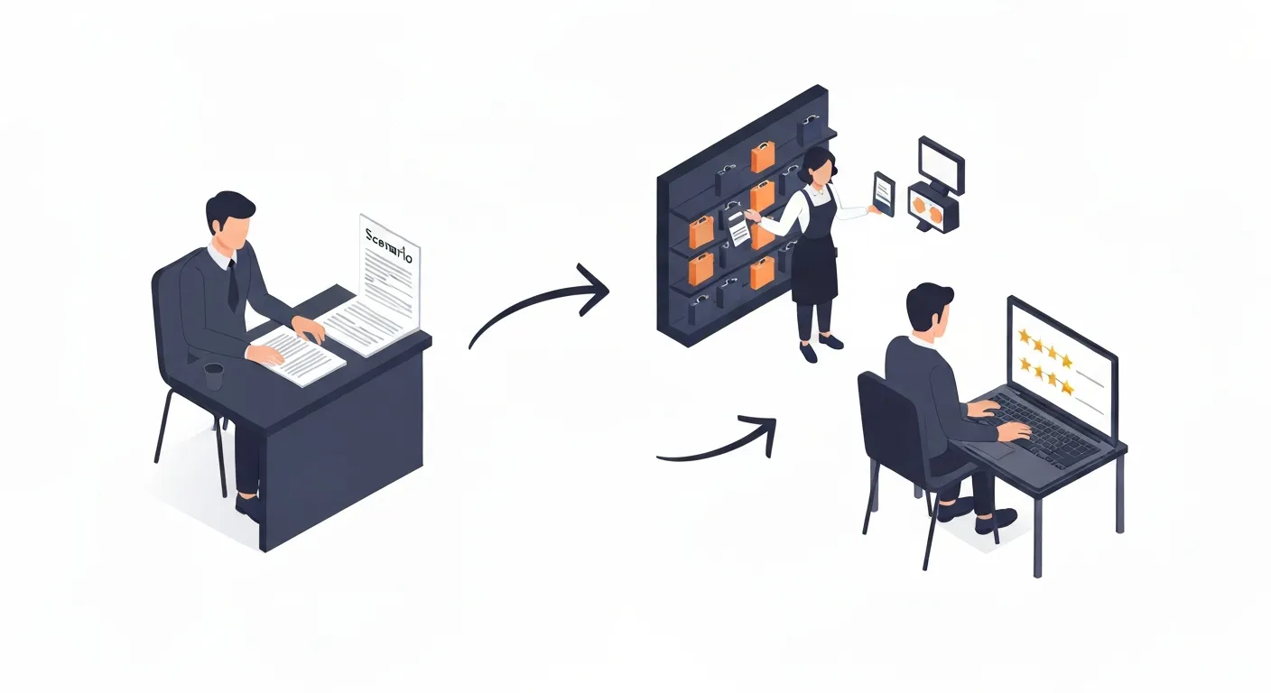 A three-panel isometric illustration showing the step-by-step process of a mystery shopper: preparing the scenario, conducting the audit in a store, and finally, writing the report on a laptop.