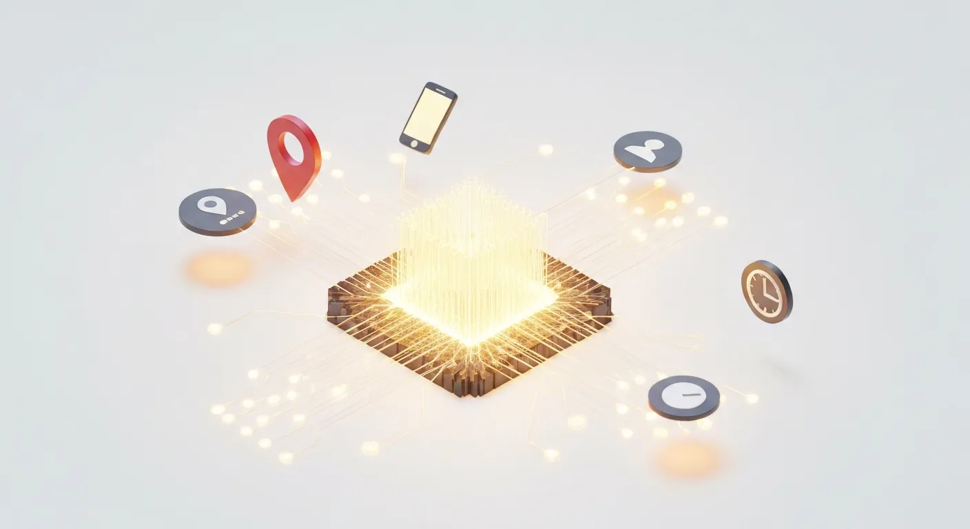 An abstract visualization of a central AI brain processing multiple user signals like location, device, and time to optimize ad bids for Google Ads.