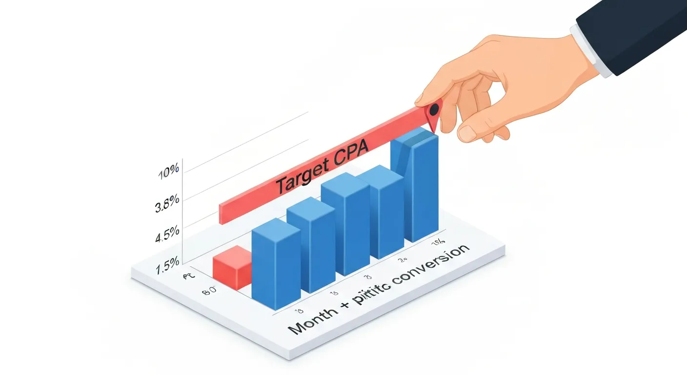An isometric illustration showing a graph with a steady line of historical conversion data, on which a target line for CPA is being set, representing the need for data before automation.