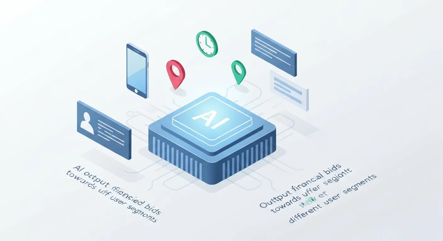 Wizualizacja algorytmu uczenia maszynowego analizującego różne sygnały danych użytkowników, takie jak urządzenie, lokalizacja i demografia, aby zoptymalizować stawki w czasie rzeczywistym w kampaniach Google Ads.