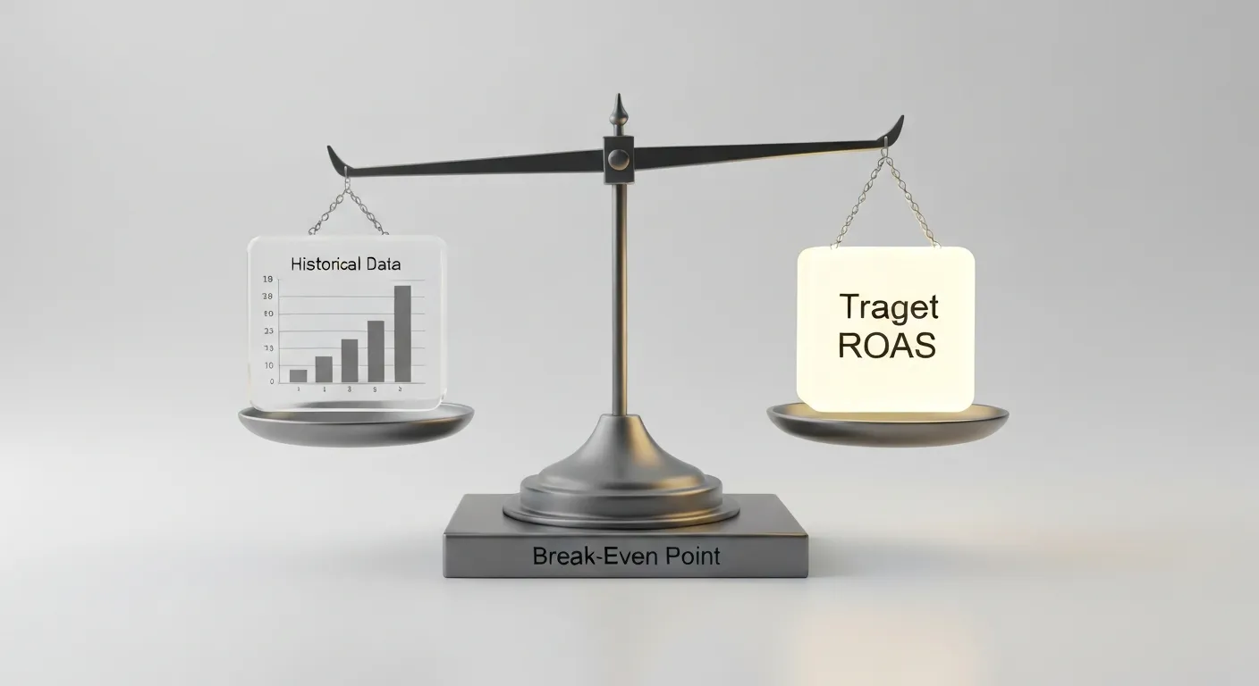 Ilustracja przedstawiająca wagę balansującą między 'Danymi Historycznymi' a 'Docelowym ROAS', opierającą się na fundamencie 'Progu Rentowności', co obrazuje proces ustawiania strategicznego celu w kampaniach reklamowych.