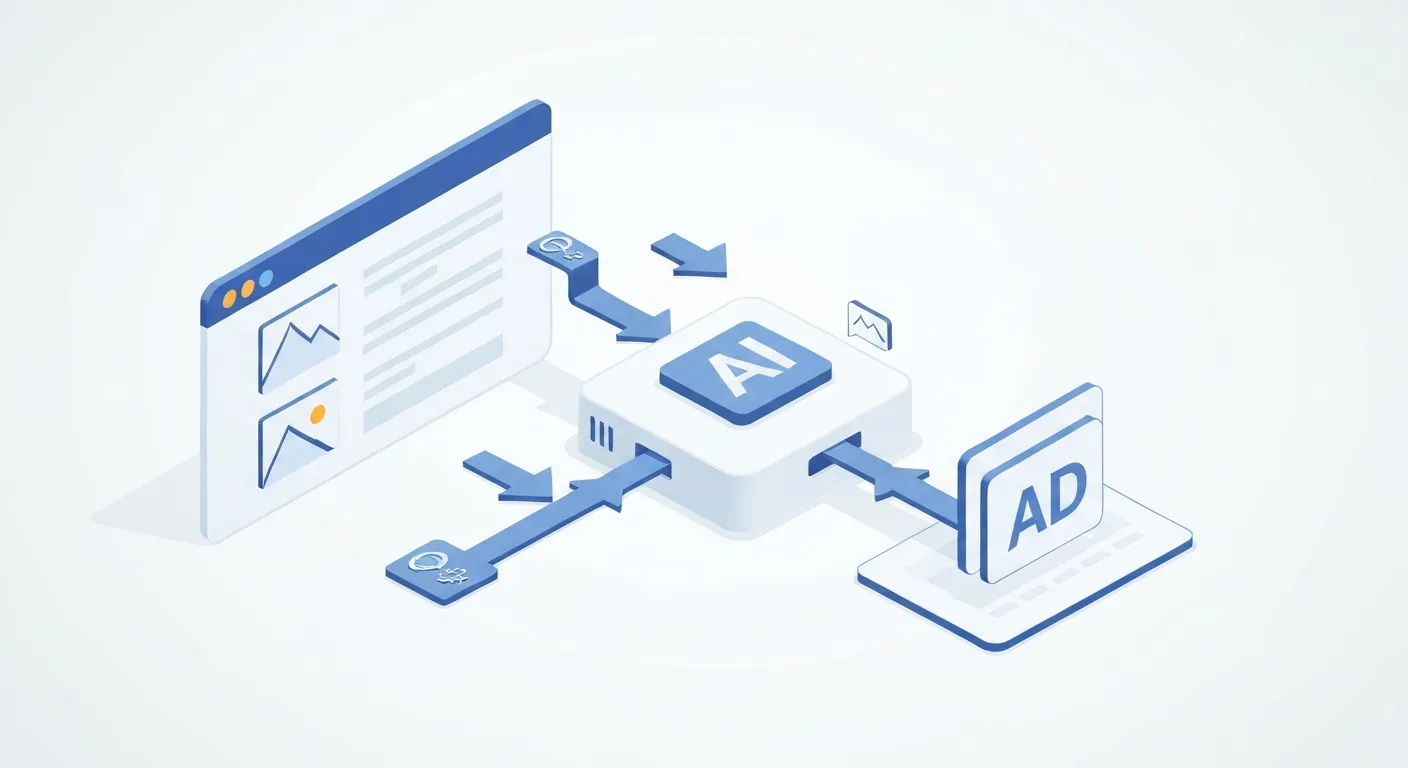 Izometryczna ilustracja wyjaśniająca mechanizm targetowania kontekstowego. Centralny procesor AI analizuje treść strony internetowej – słowa kluczowe, tematy i obrazy – a następnie wybiera i umieszcza na niej idealnie dopasowaną reklamę, pokazując precyzję tej metody.