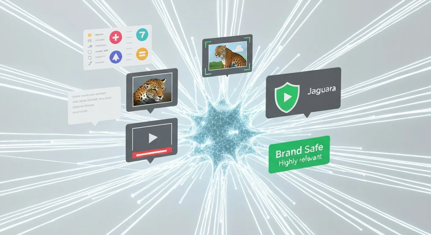 Abstrakcyjna wizualizacja zaawansowanego targetowania kontekstowego (Contextual 2.0). W centrum znajduje się świecąca sieć neuronowa AI, która przetwarza różne typy danych: tekst z analizą sentymentu (ikony plus/minus), obrazy z rozpoznawaniem obiektów (np. odróżnianie samochodu od zwierzęcia) oraz wideo. Wynikiem jest bezpieczna i trafna reklama.