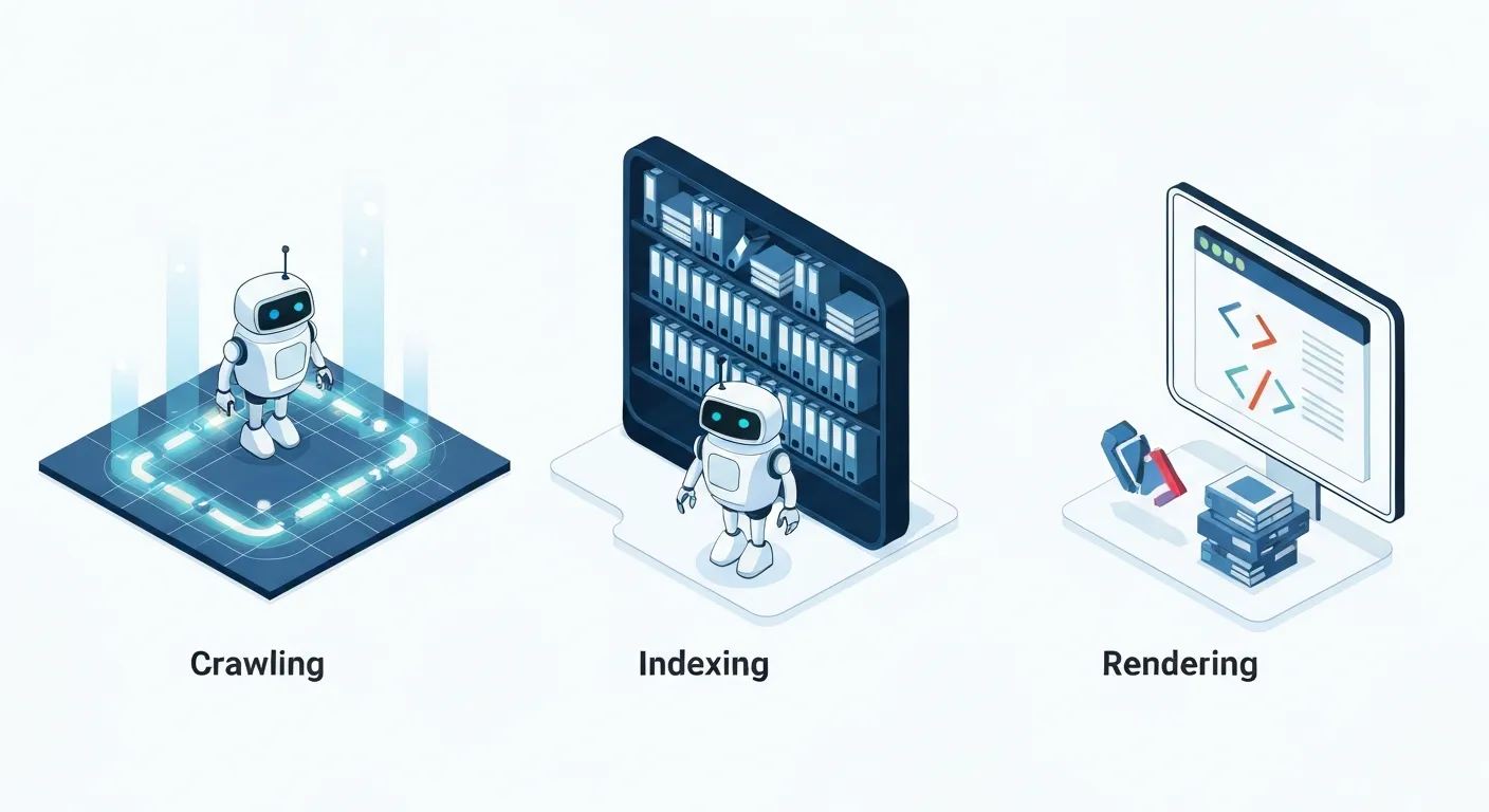 Ilustracja izometryczna przedstawiająca trzy filary technicznego SEO: robot wyszukiwarki skanujący sieć połączeń (Crawling), układający strony w cyfrowej bibliotece (Indeksowanie) i renderujący witrynę na ekranie (Renderowanie).