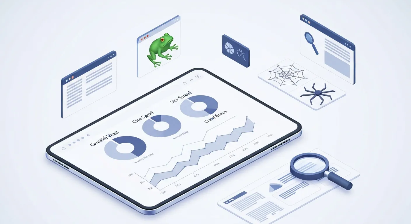 Wizualizacja audytu technicznego SEO, pokazująca centralny pulpit nawigacyjny z wykresami Core Web Vitals i prędkości strony, otoczony przez ikony symbolizujące narzędzia analityczne, takie jak Screaming Frog i Google Search Console.