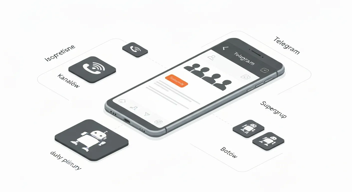 Ilustracja izometryczna przedstawiająca ekosystem funkcji Telegrama: smartfon połączony z ikonami reprezentującymi kanały, supergrupy, boty i przesyłanie dużych plików w chmurze.