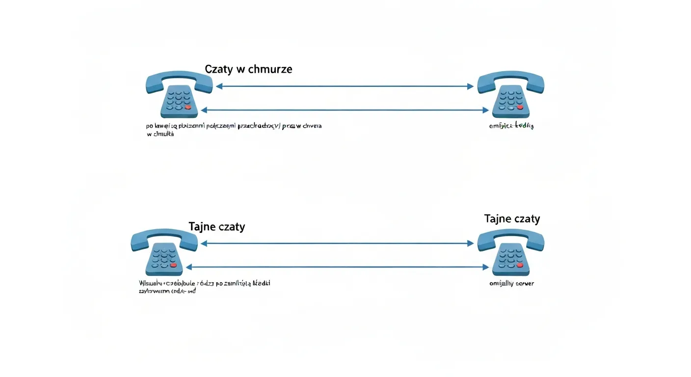 Diagram wizualny porównujący dwa modele szyfrowania Telegrama: domyślne czaty w chmurze, gdzie dane przechodzą przez serwer, oraz w pełni szyfrowane (end-to-end) tajne czaty z bezpośrednim, nierozerwalnym połączeniem między użytkownikami.