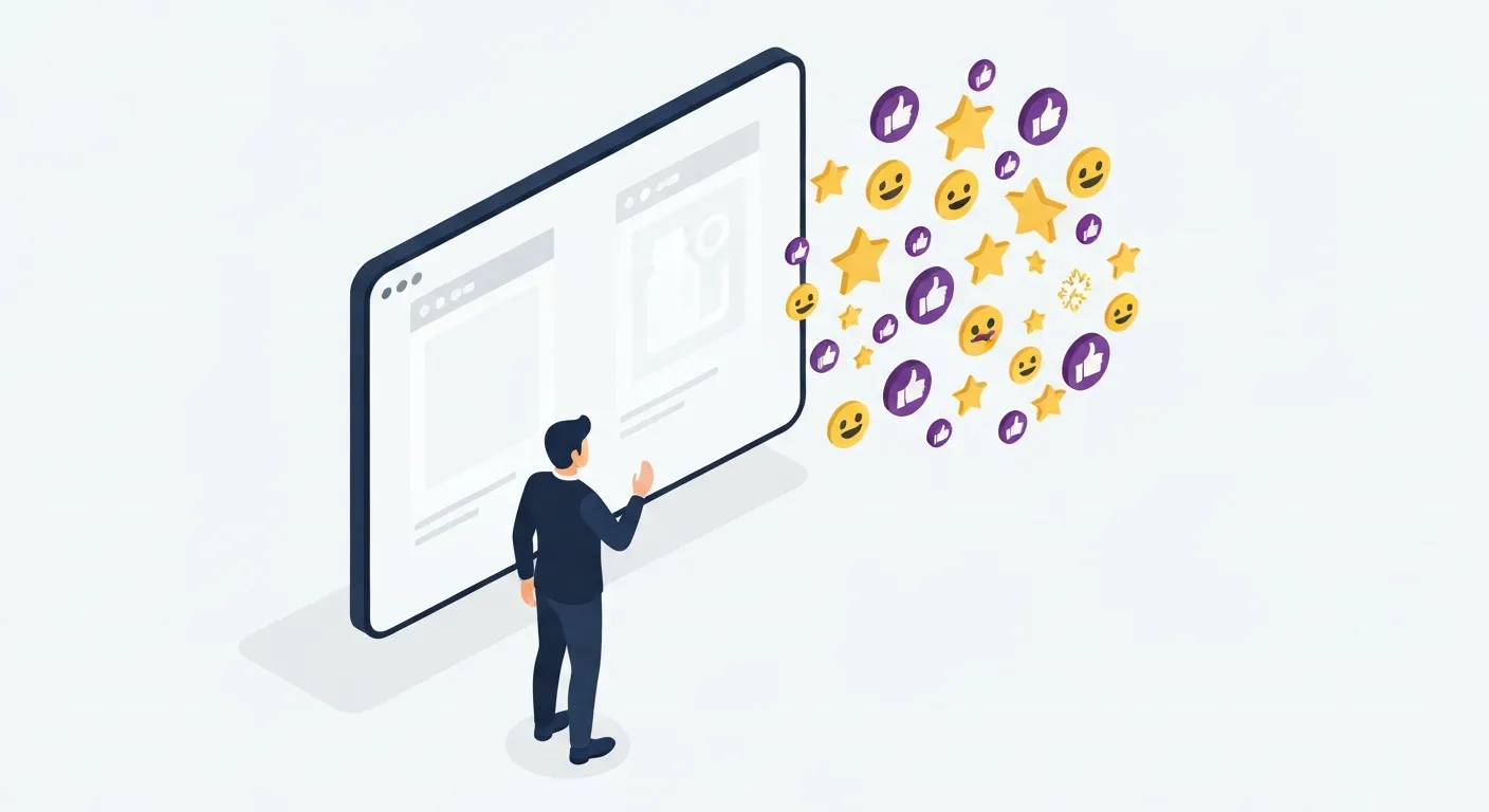An isometric business illustration demonstrating the principle of social proof. A person stands before two identical products, but one is surrounded by floating five-star ratings, positive comment bubbles, and small icons of other people giving a thumbs-up. The person is clearly leaning towards the product with the positive social proof.