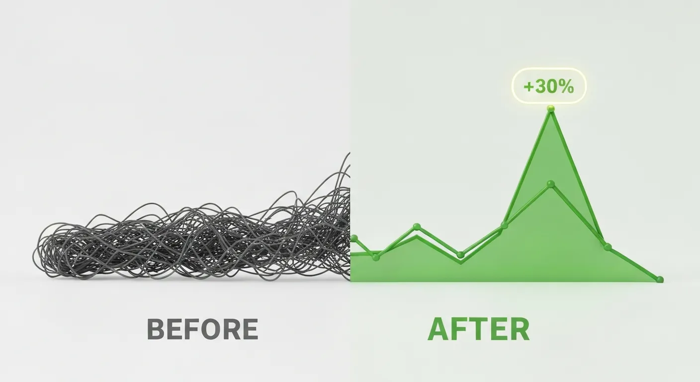 An abstract data visualization of a testimonial's impact, showing a 'before and after' transformation. The left side shows a tangled, chaotic, downward-trending line in gray. The right side shows a clean, smooth, upward-trending graph in a vibrant green, with data points and a '+30%' icon, symbolizing the measurable success achieved after using a product.