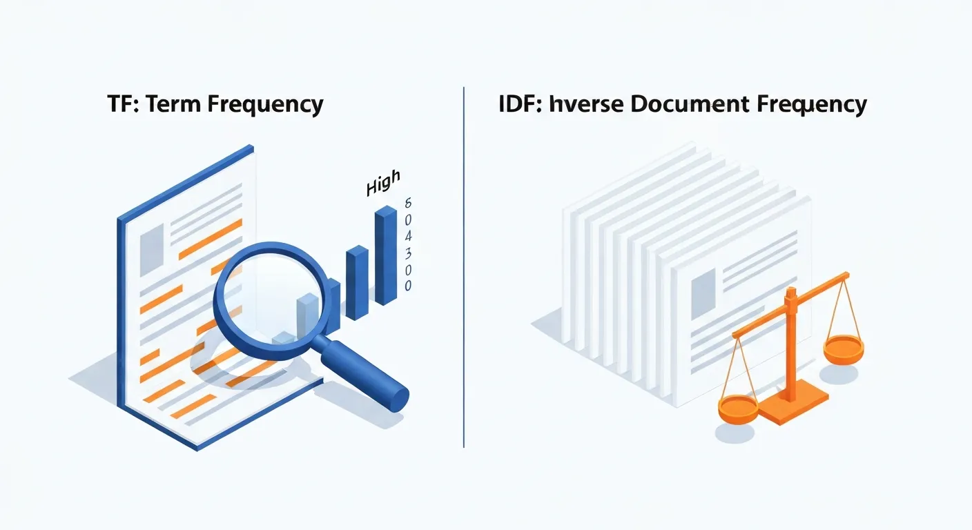 Infografika w stylu izometrycznym wyjaśniająca dwa kluczowe komponenty TF-IDF: Częstotliwość Terminu (TF) i Odwrotną Częstotliwość Dokumentową (IDF).