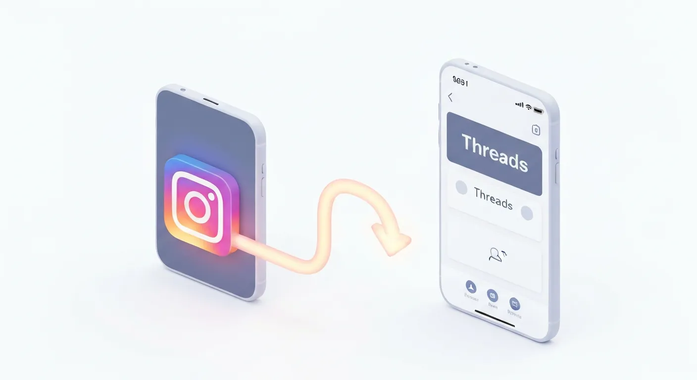 An isometric illustration showing the seamless integration between Instagram and Threads. A smartphone on the left with the Instagram logo has a glowing data line connecting it to another smartphone on the right, which shows the clean, minimalist five-icon navigation bar of the Threads app.