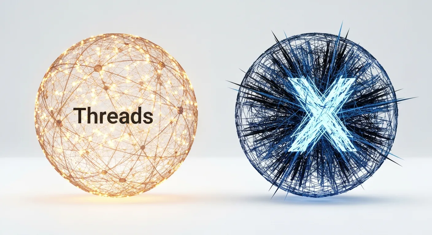 An abstract comparison of Threads and X. On the left, a calm, orderly network of glowing nodes with the Threads logo at its center, representing friendly conversation. On the right, a chaotic, spiky, and fragmented network of nodes with the 'X' logo, representing intense debate and breaking news.
