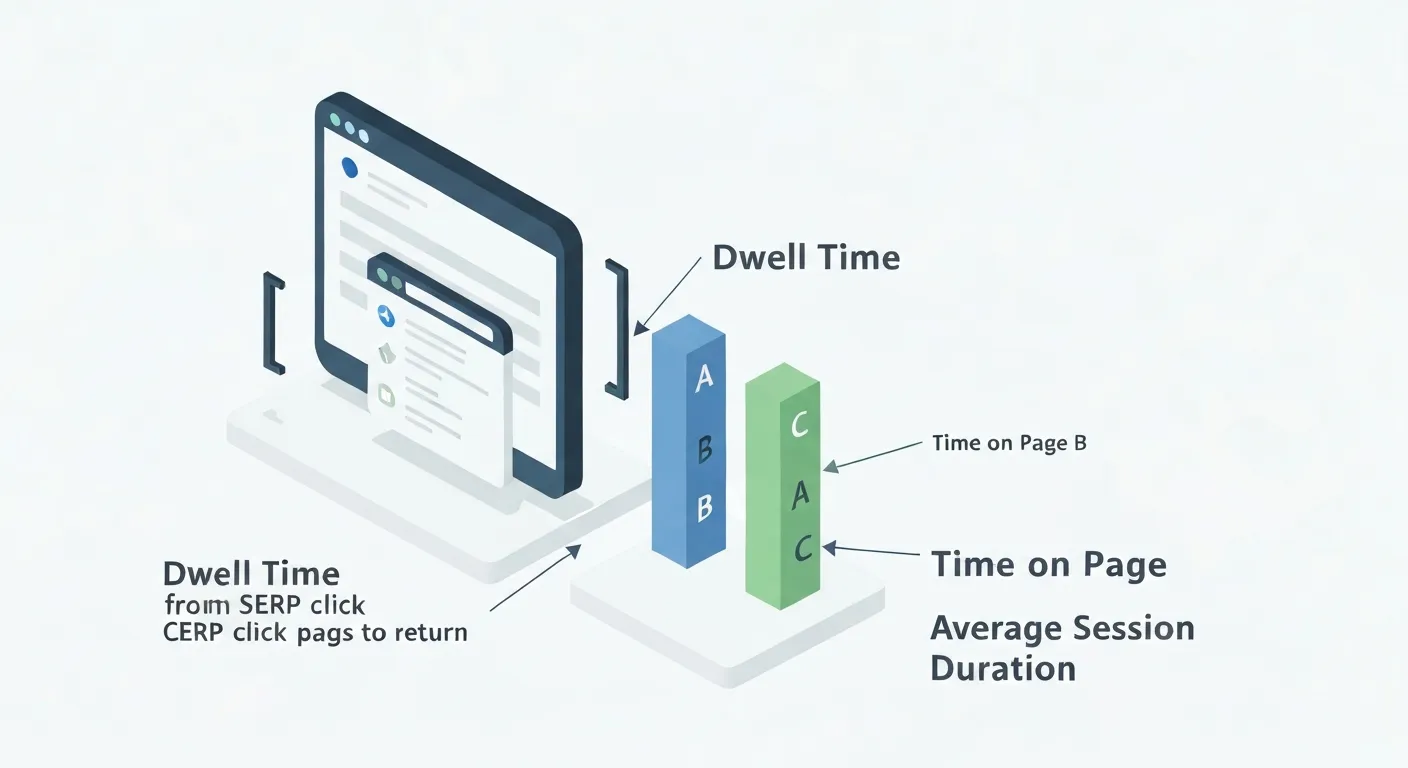 Wizualizacja danych porównująca metryki Time on Page, Dwell Time i Session Duration, wyjaśniająca kluczowe różnice między nimi w analityce internetowej.