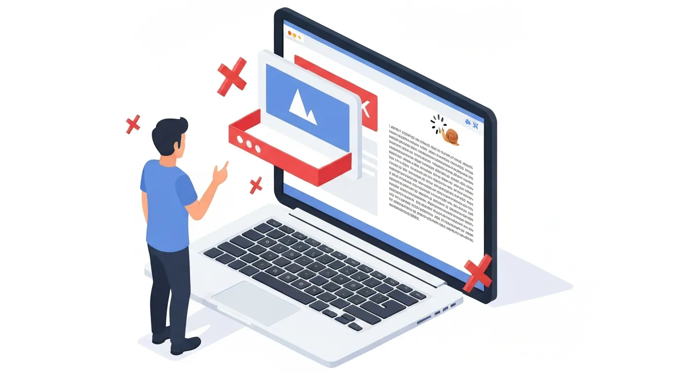 Ilustracja pokazująca typowe błędy na stronie internetowej, które skracają czas sesji użytkownika, takie jak wyskakujące reklamy, wolne ładowanie i zła czytelność tekstu.